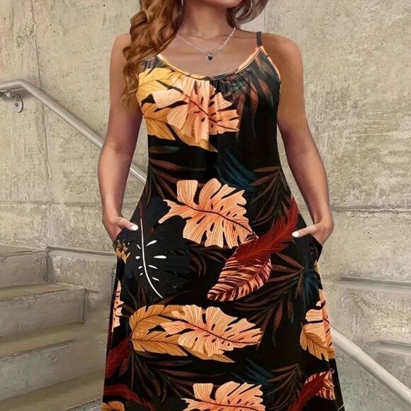 Women's Plus Size Tropical Leaf Print Slingback Pocket Holiday Summer Dress 22W - Picture 1 of 12